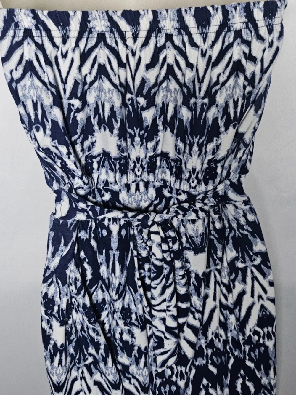 Rue 21 Blue White One Piece Strapless Jumpsuit Tie Back Ikat Abstract Print Sz S
